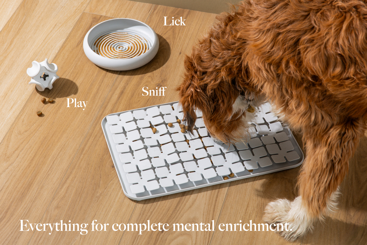 Dog interacting with a puzzle mat on a wooden floor, with text indicating 'Play', 'Lick', and 'Sniff'.