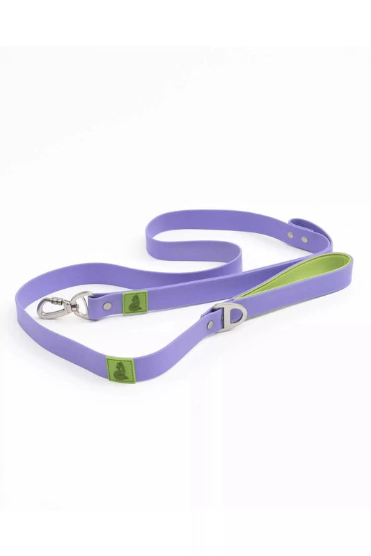 Purple dog leash with green accents on a white background