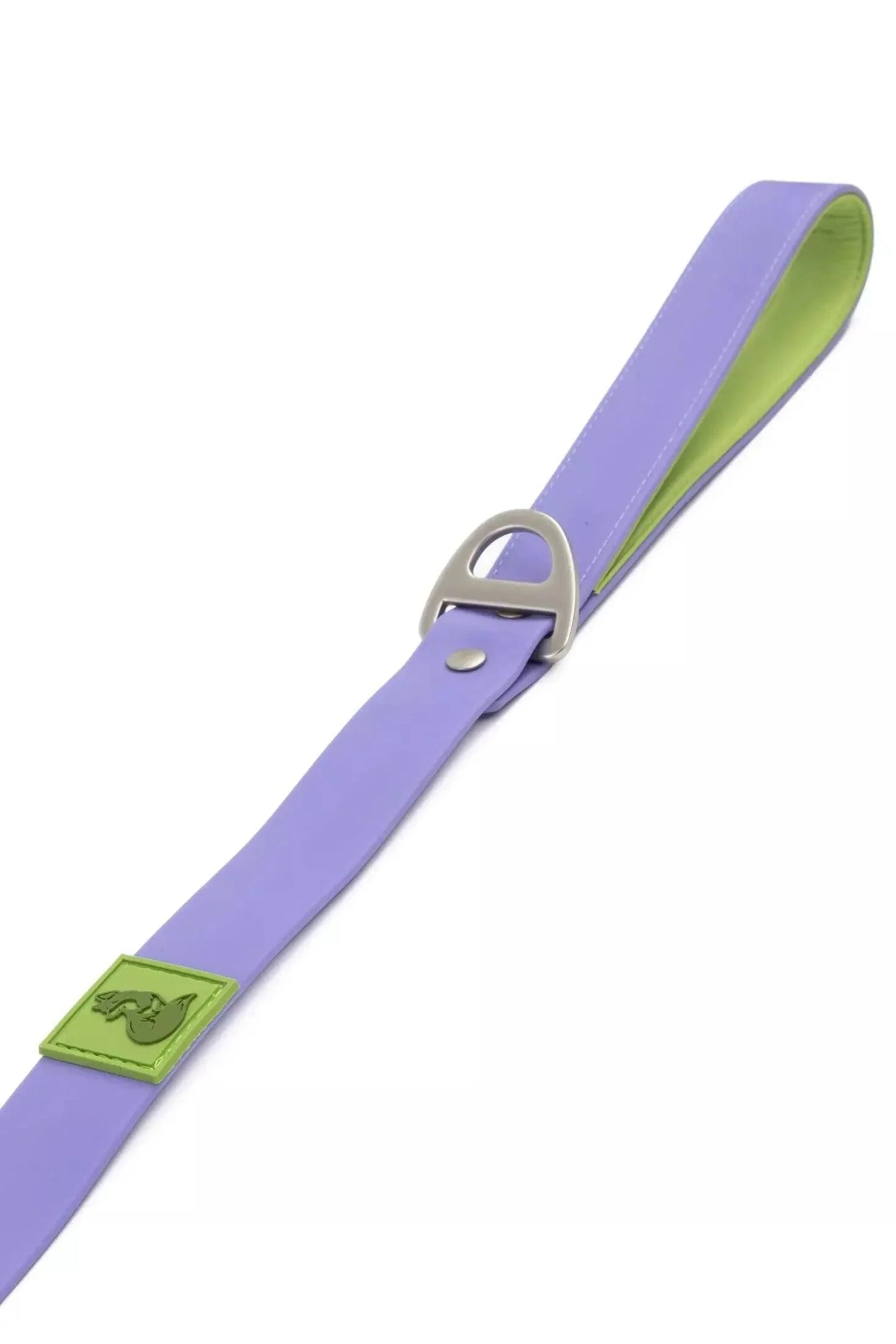 Purple dog leash with green accents and a silver buckle on a white background