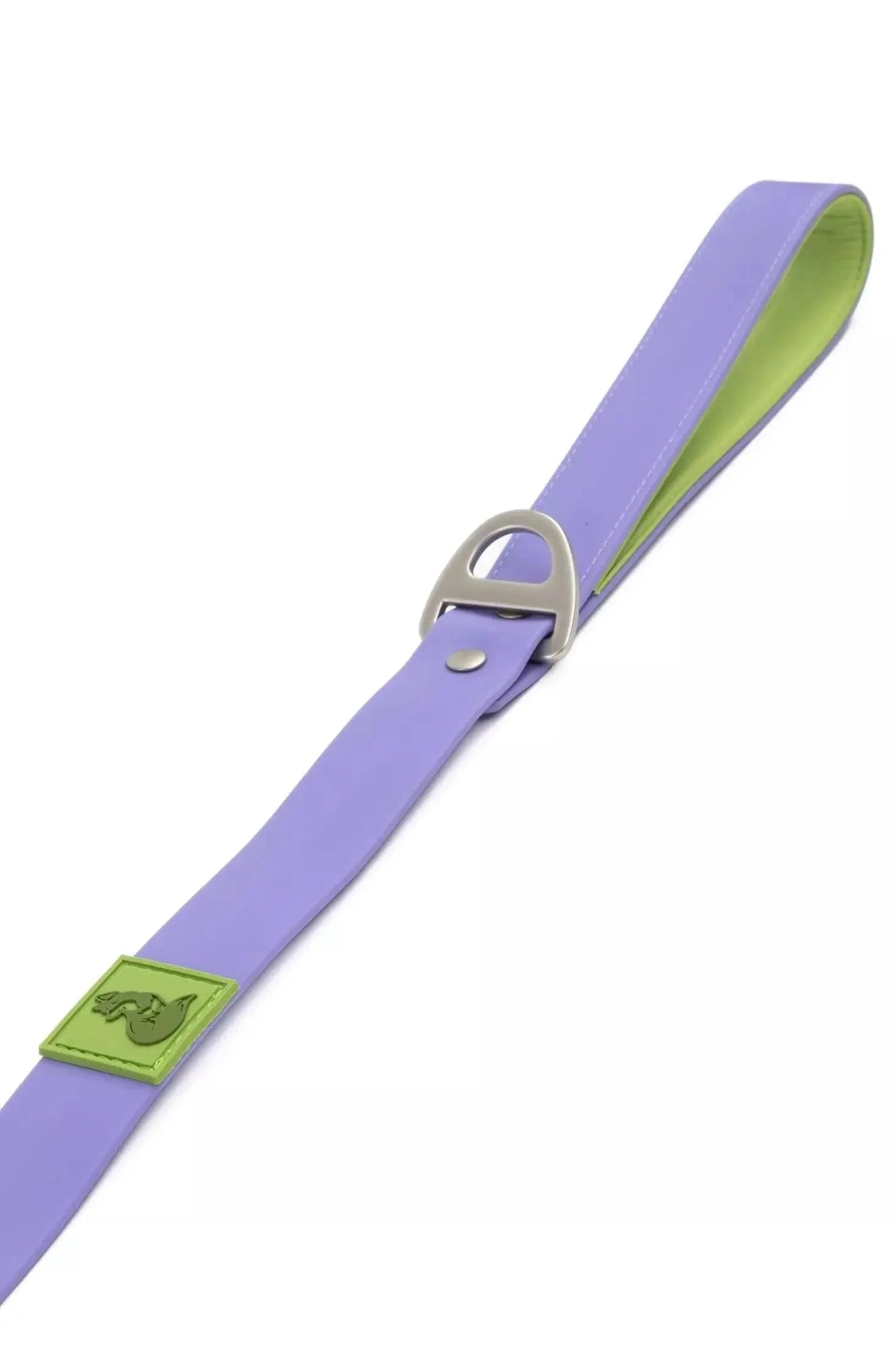 Purple dog leash with green accents and a silver buckle on a white background