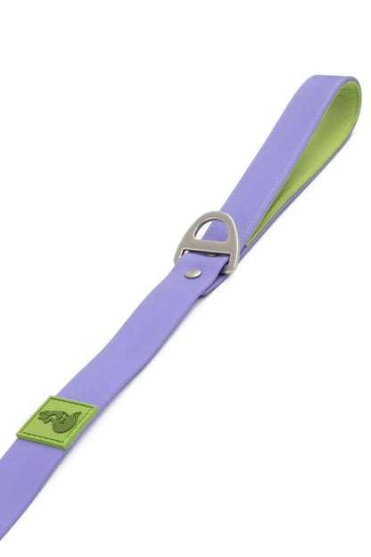 Purple dog leash with green accents and a silver buckle on a white background