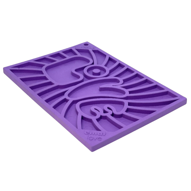 Purple silicone dog lick mat with the word Love design on a white background