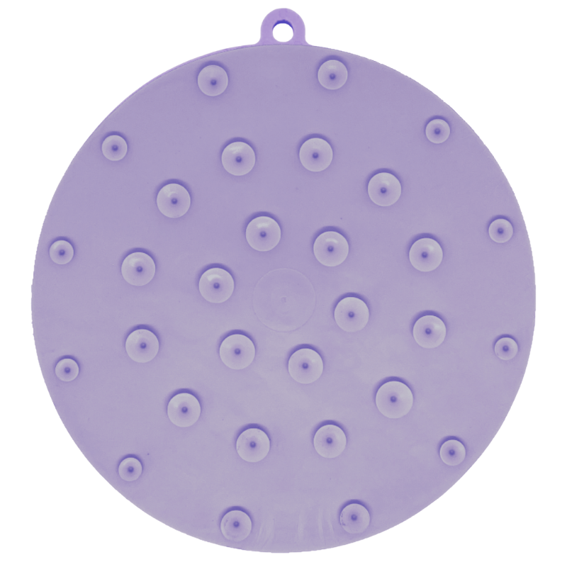 Purple silicone dog lick mat with suction cups on a white background