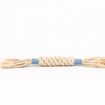 Beige rope dog toy with a blue center on a white background
