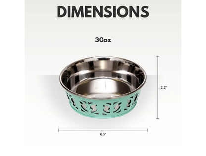 Teal and silver pet bowl with dimensions on a white background