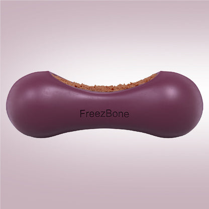 Purple dog toy with cork interior labeled 'FreezBone' on a light purple background