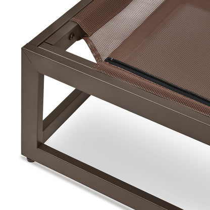 Brown outdoor lounge chair with mesh backrest on a white background