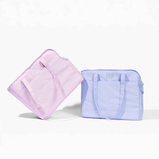 Come Here Buddy Pet Tote Bags in blue and pink on white background