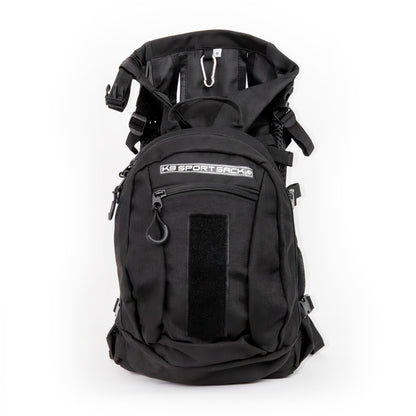 Black backpack with visible branding on a white background