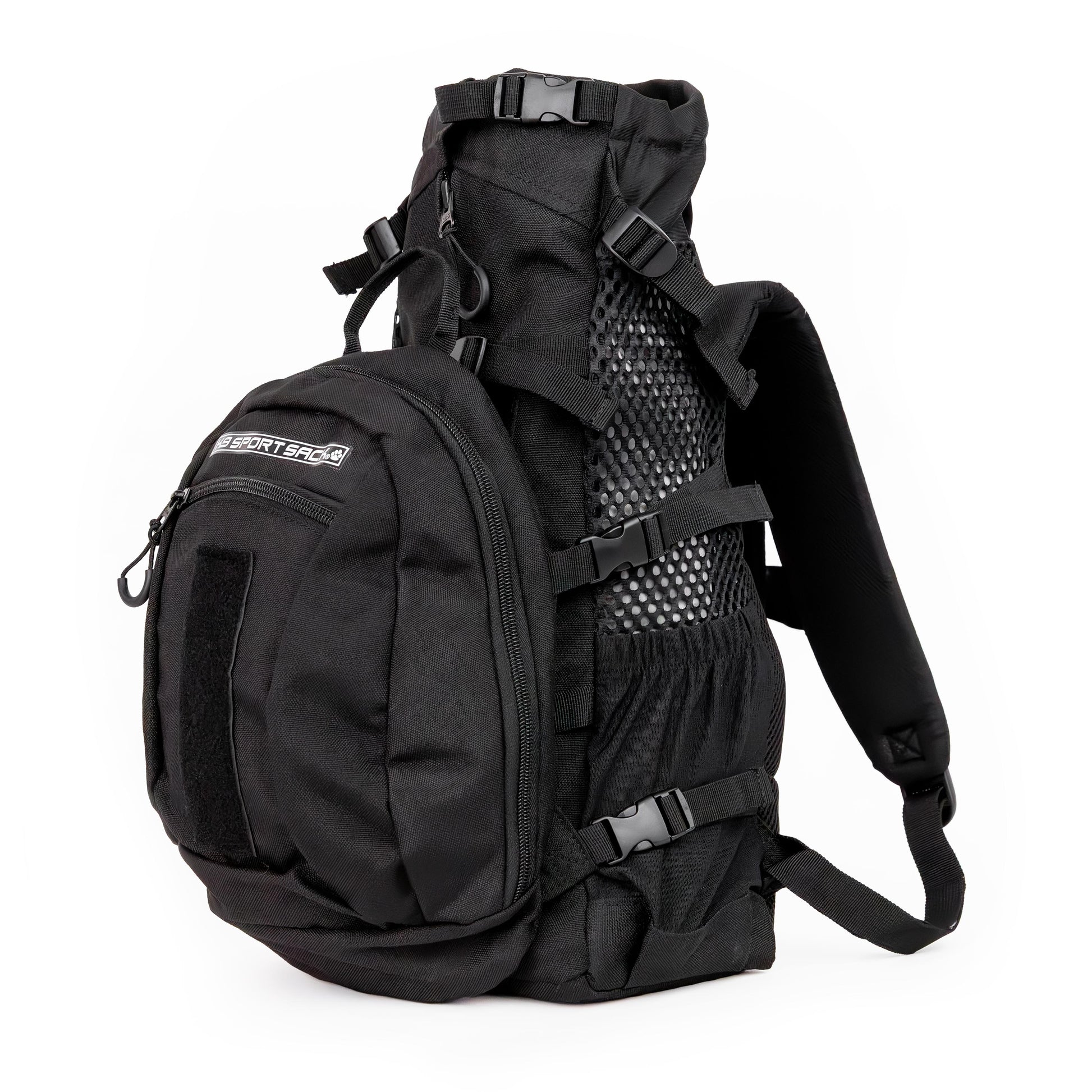 Black tactical backpack on a white background