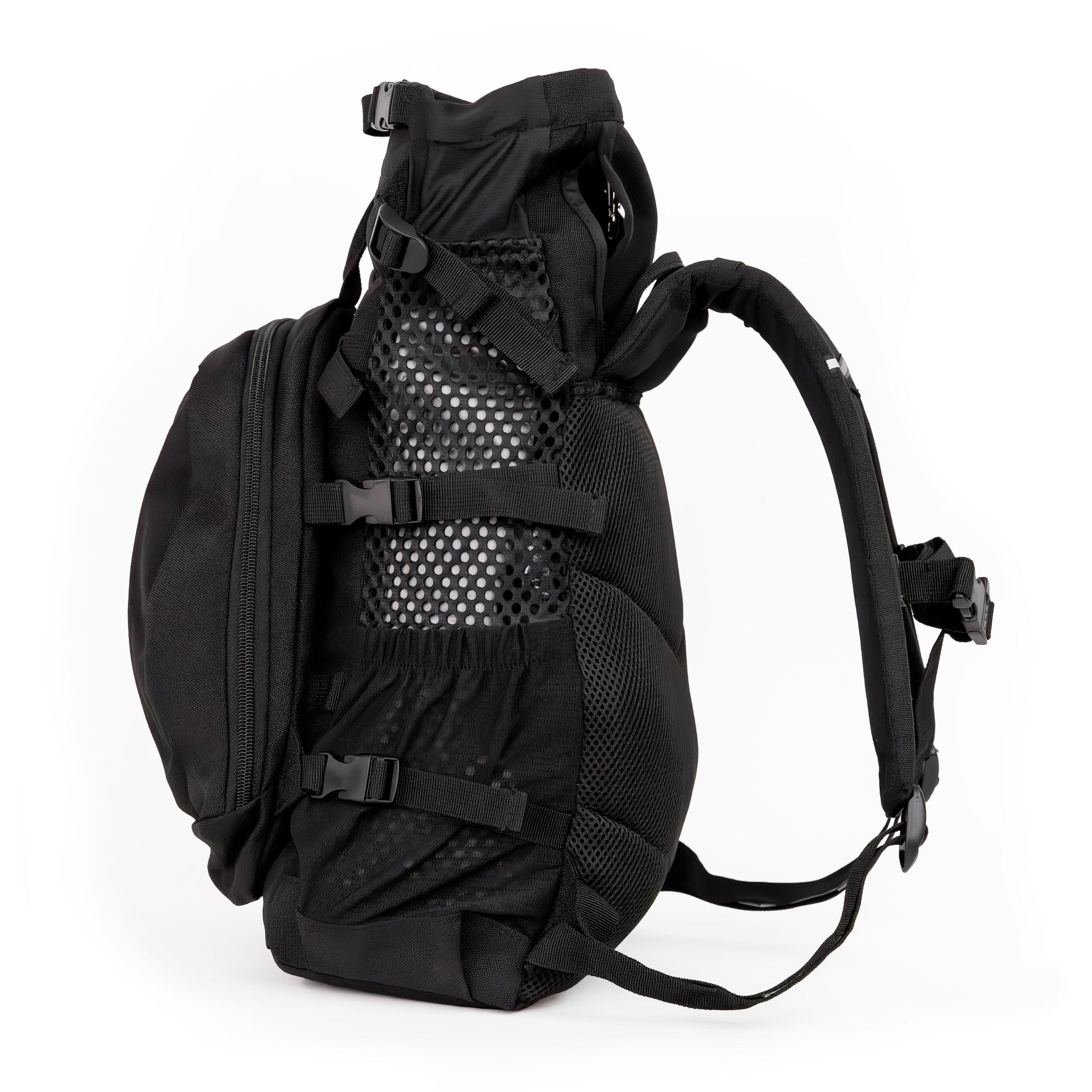 Black tactical backpack on a white background