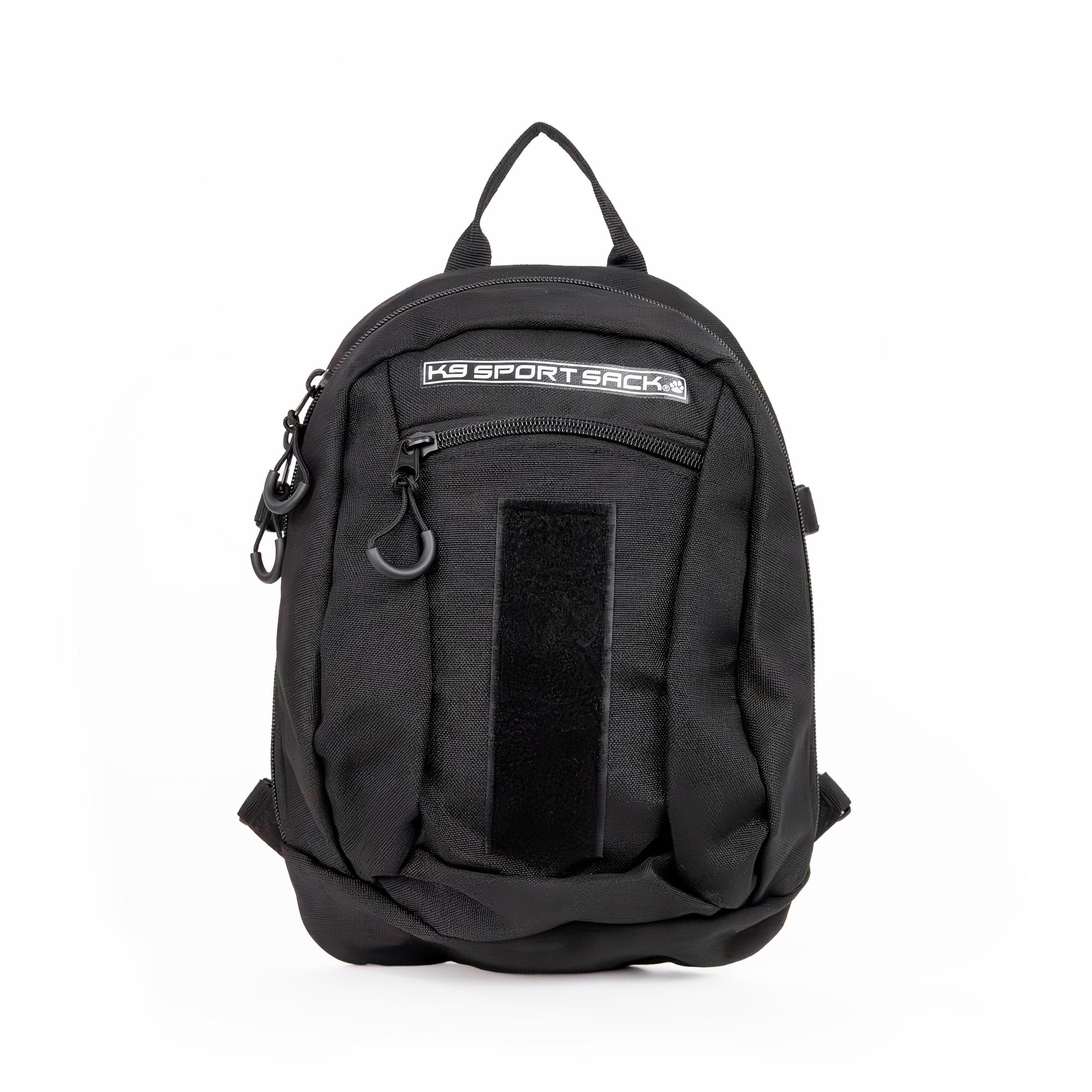 Black backpack with a visible brand logo on a white background