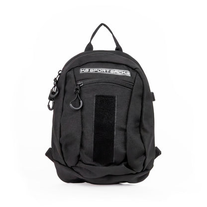 Black backpack with a visible brand logo on a white background