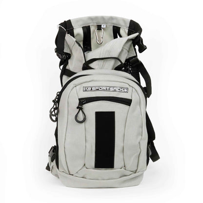Gray and black backpack with mesh padding on a white background