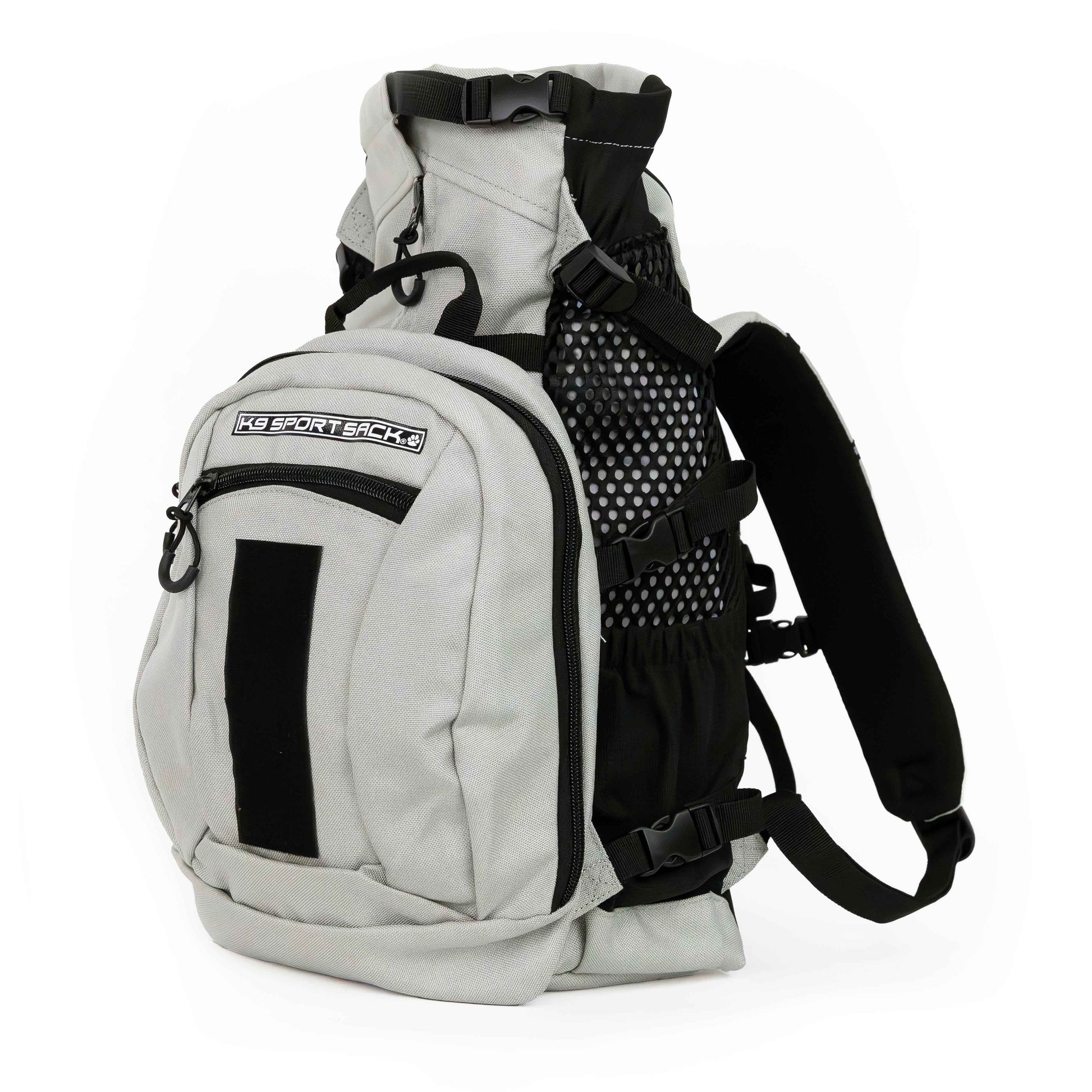 Gray and black backpack with mesh padding on a white background
