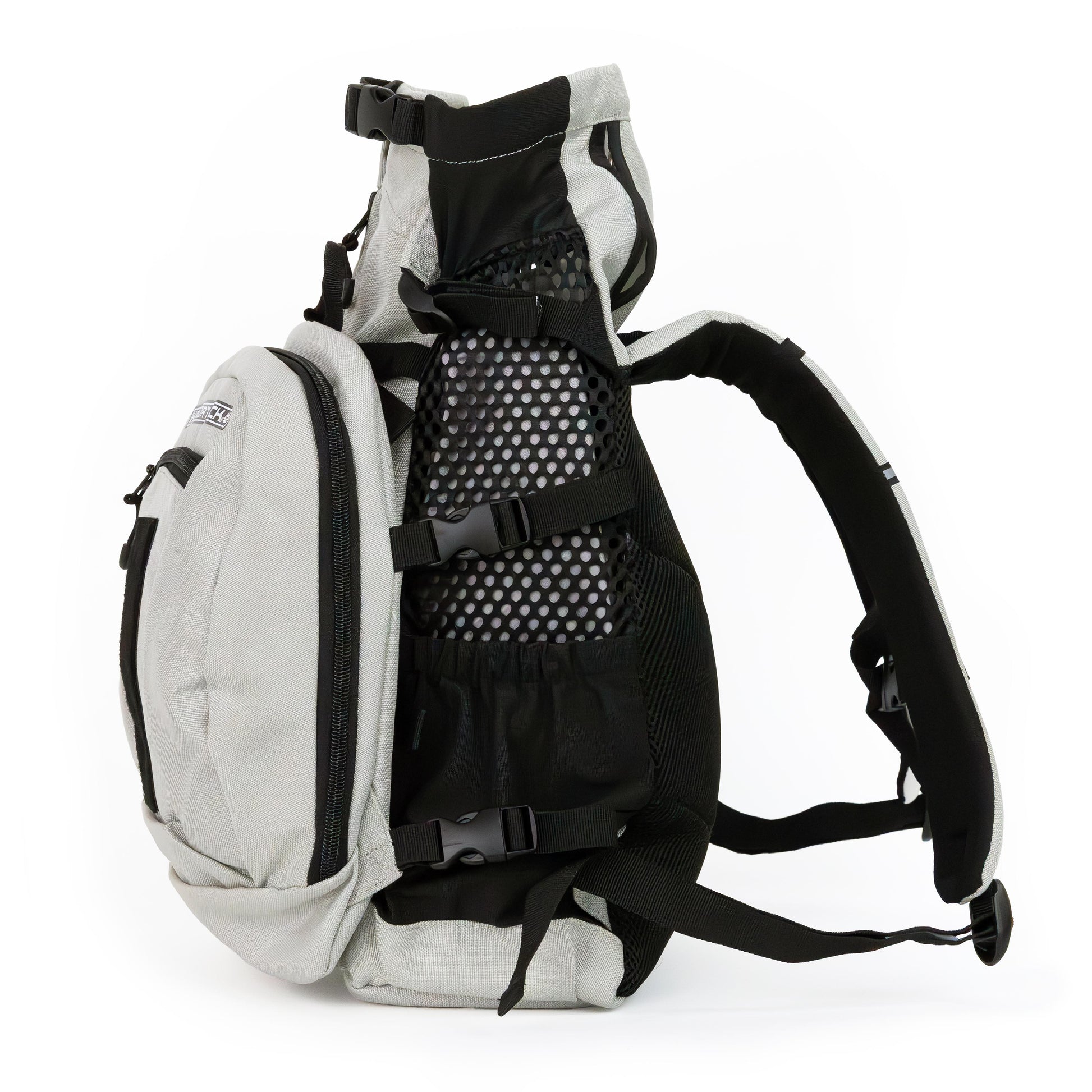 Gray and black backpack with mesh padding on a white background