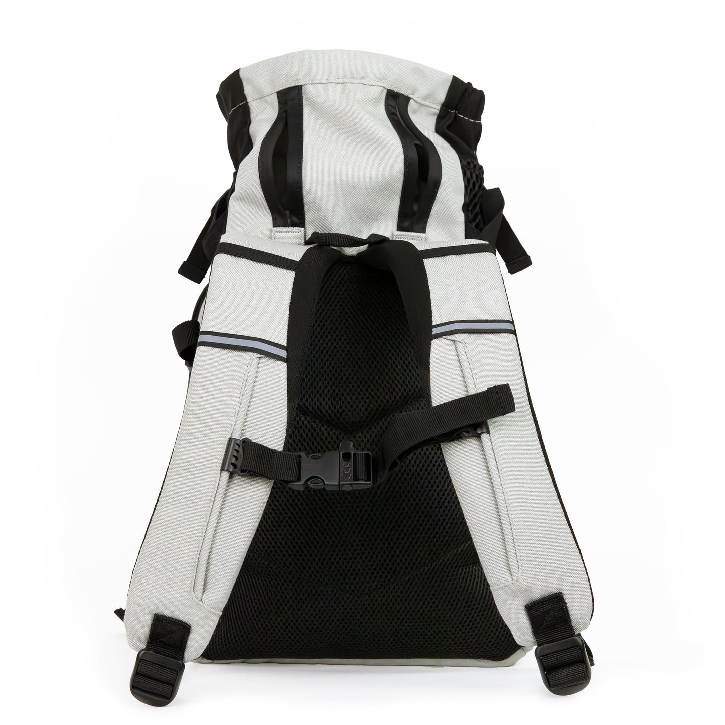 White and black backpack with straps on a white background