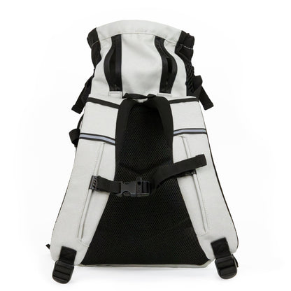 White and black backpack with straps on a white background