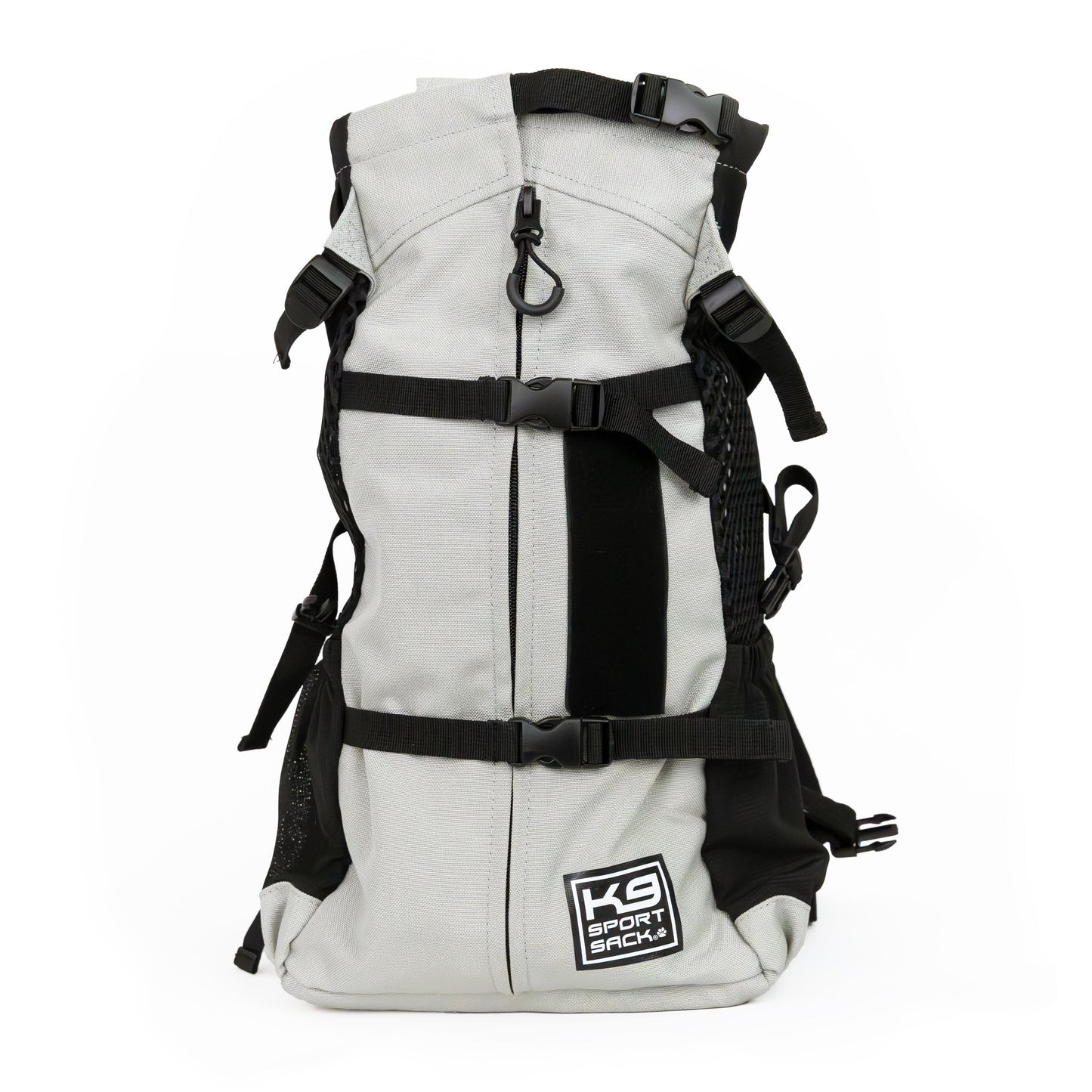 White and black backpack with visible branding on a white background