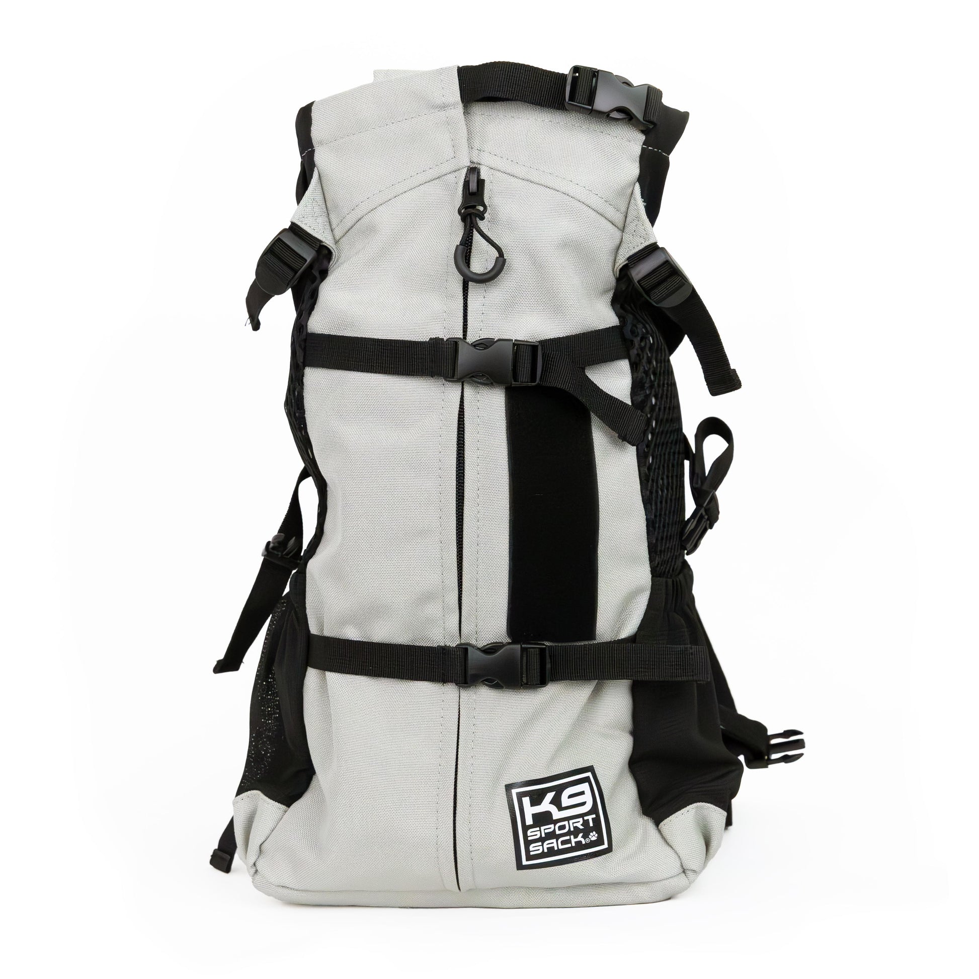 White and black backpack with visible branding on a white background