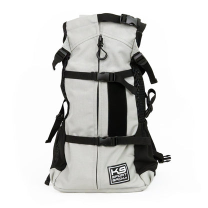 White and black backpack with visible branding on a white background