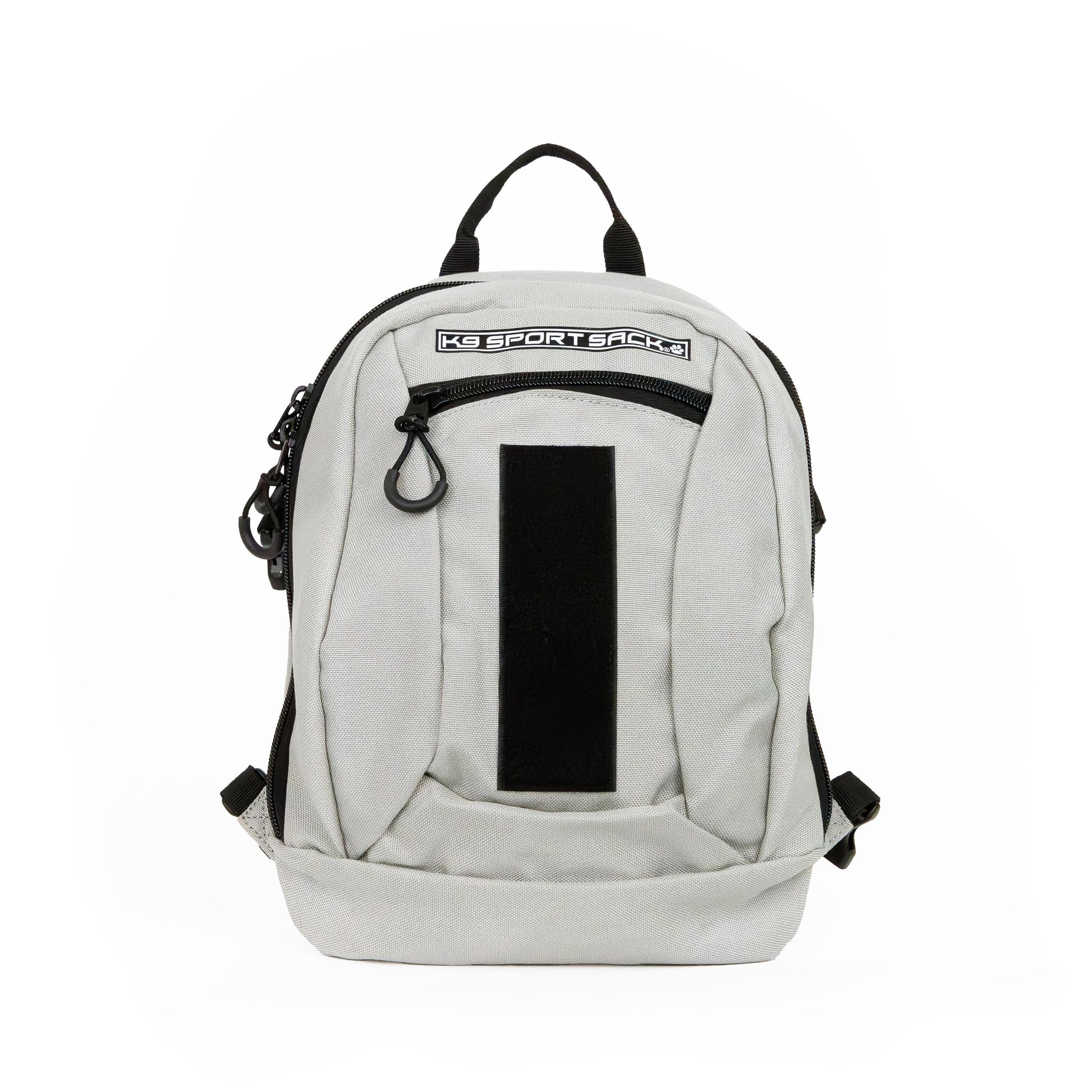 Gray backpack with a black patch on a white background