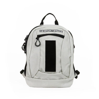 Gray backpack with a black patch on a white background