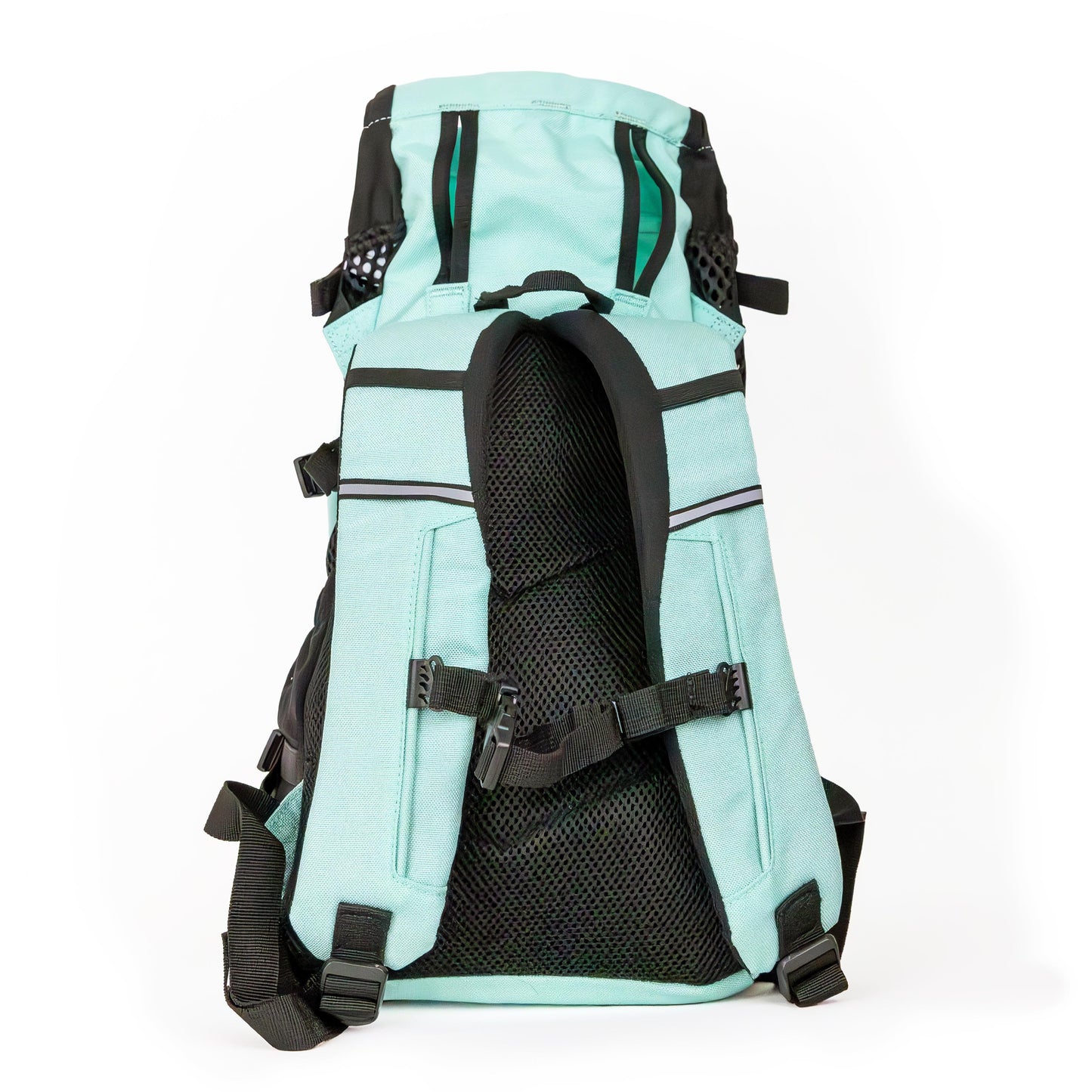 Light blue backpack with black straps on a white background