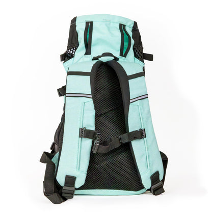 Light blue backpack with black straps on a white background