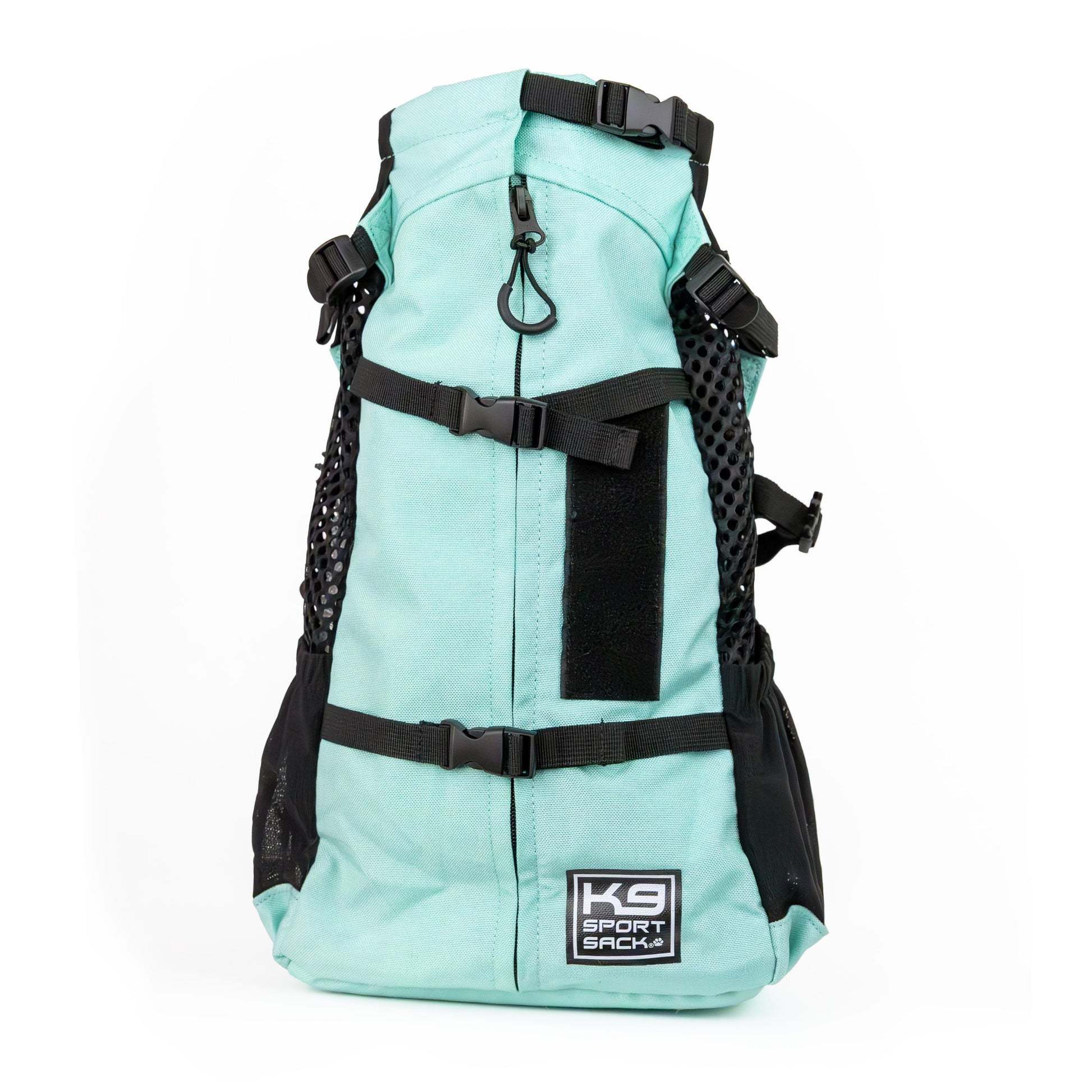 Light blue backpack with black straps on a white background