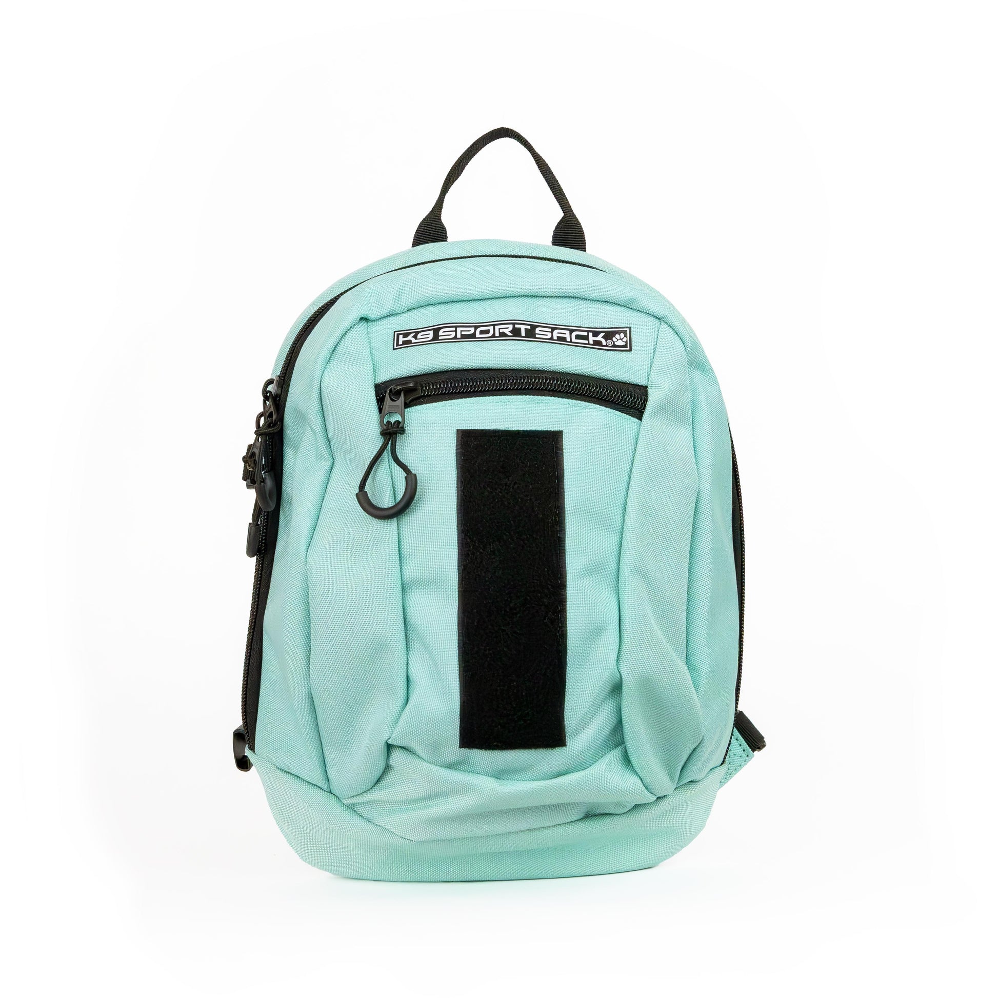 Light blue backpack with black accents on a white background