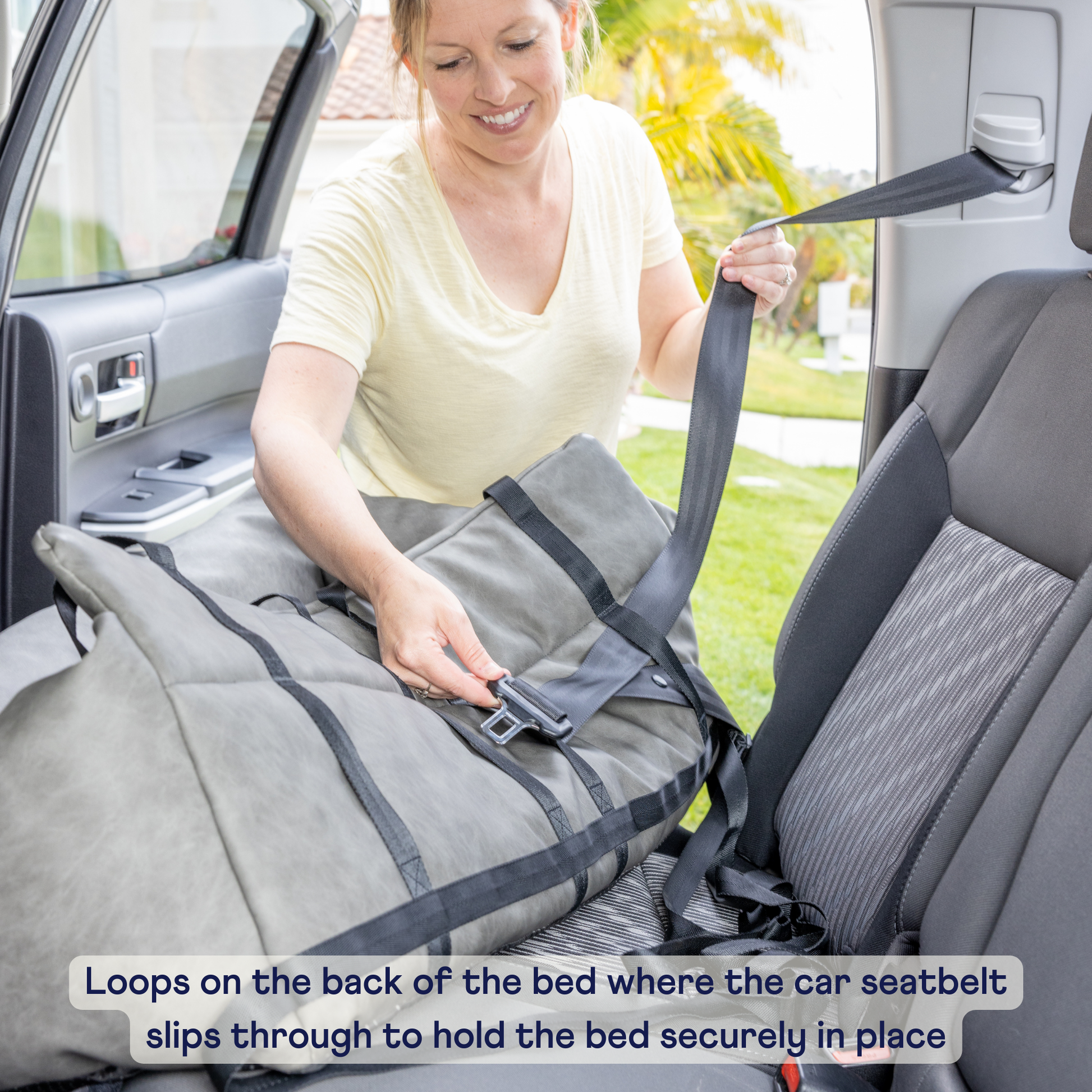 PupProtector™ Faux Leather Memory Foam Dog Car Bed in Black Seatbelt Slip
