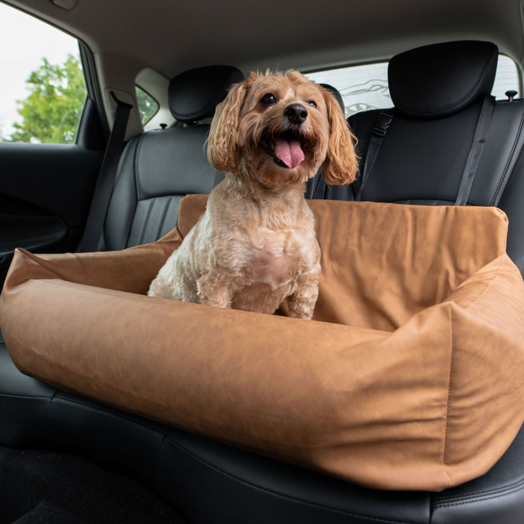PupProtector™ Faux Leather Memory Foam Dog Car Bed in Camel Happy dog