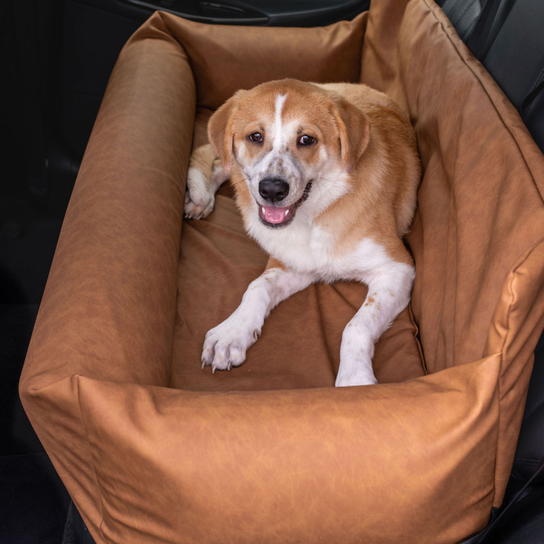 PupProtector™ Faux Leather Memory Foam Dog Car Bed in Camel Happy dog full seat