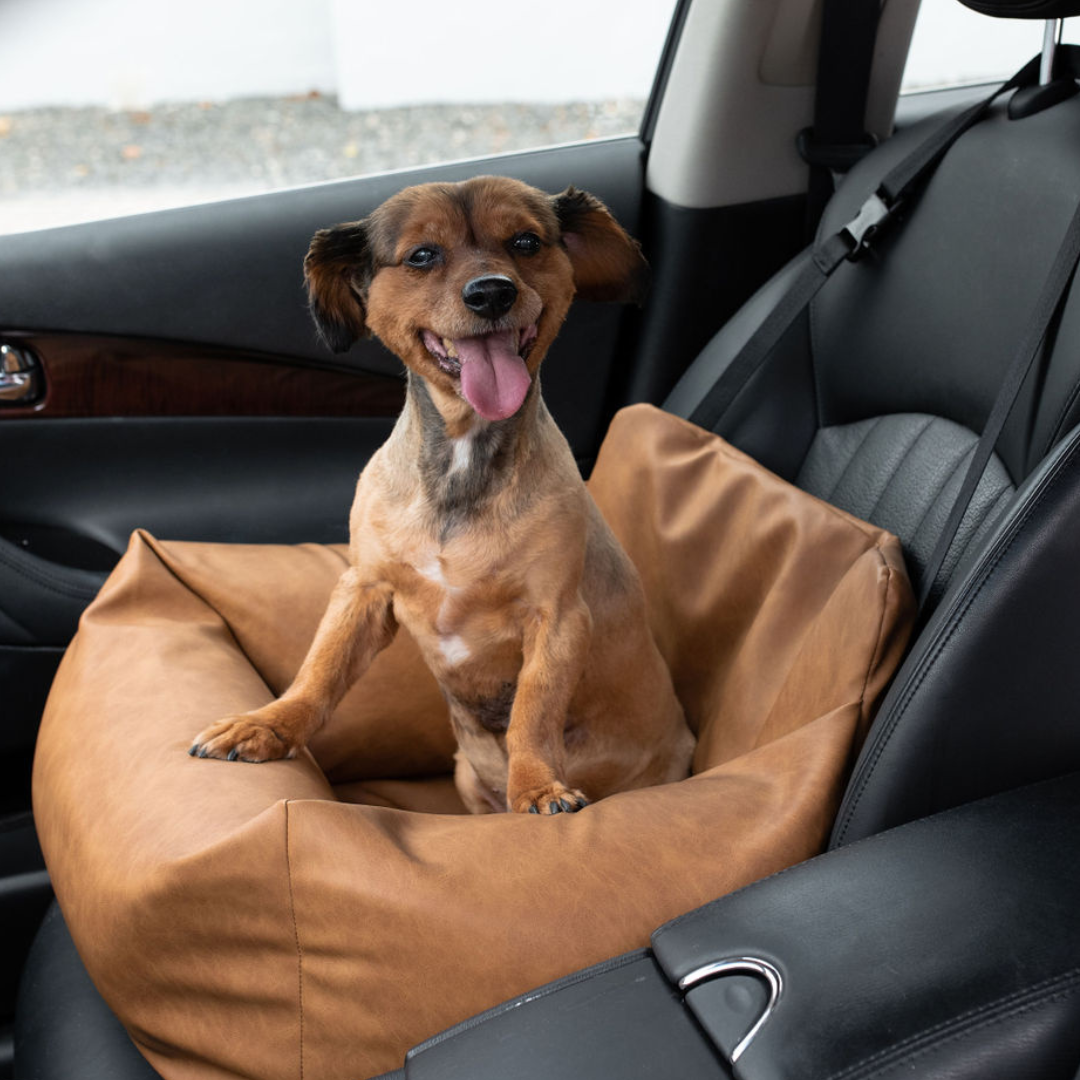 PupProtector™ Faux Leather Memory Foam Dog Car Bed in Camel Happy dog single seat