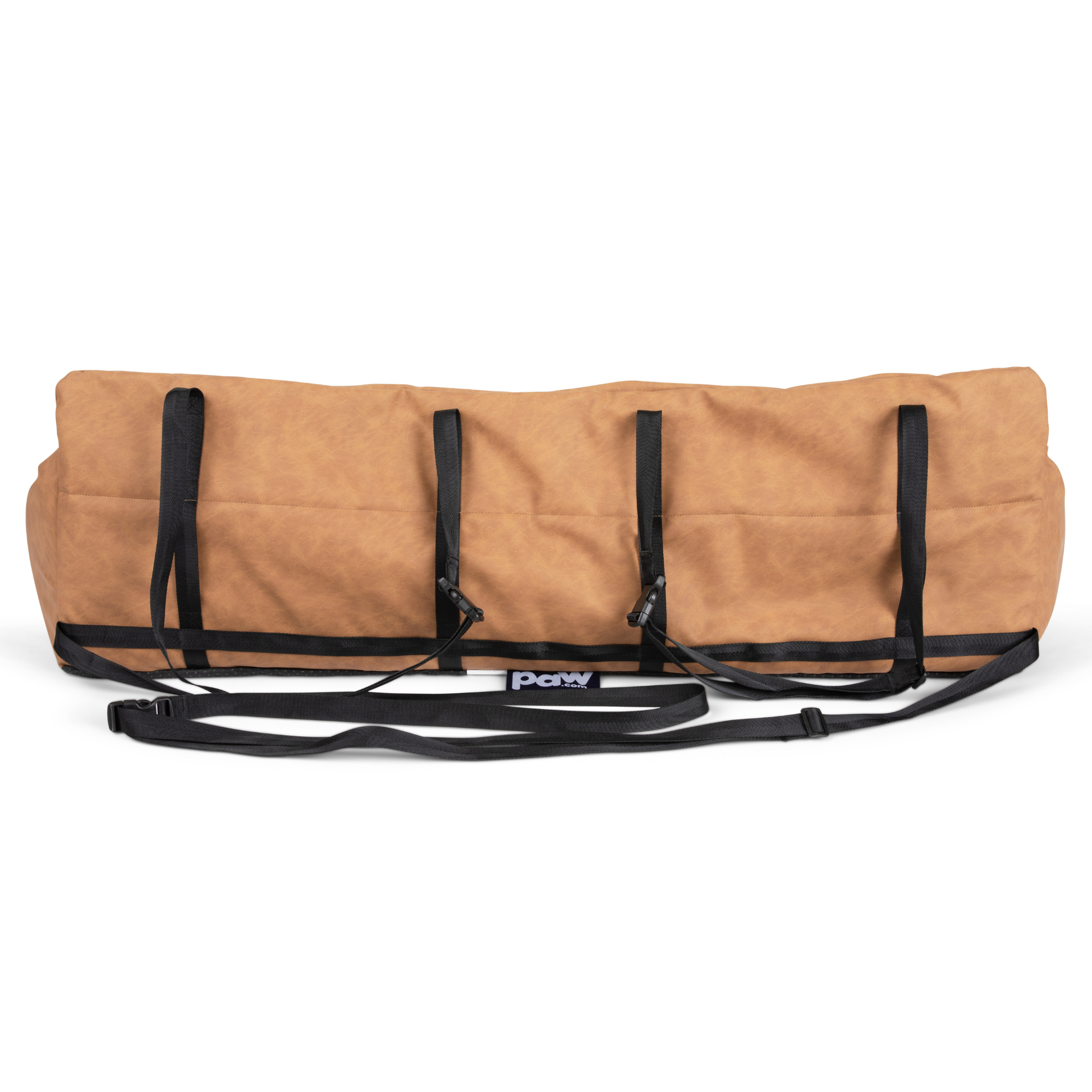 PupProtector™ Faux Leather Memory Foam Dog Car Bed in Camel back straps