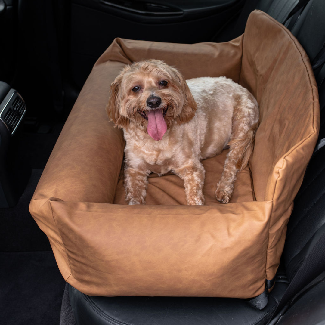 PupProtector™ Faux Leather Memory Foam Dog Car Bed in Camel dog double seat