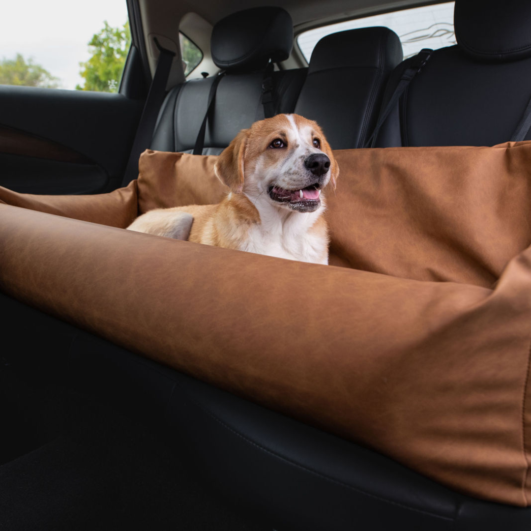 PupProtector™ Faux Leather Memory Foam Dog Car Bed in Camel double seat dog