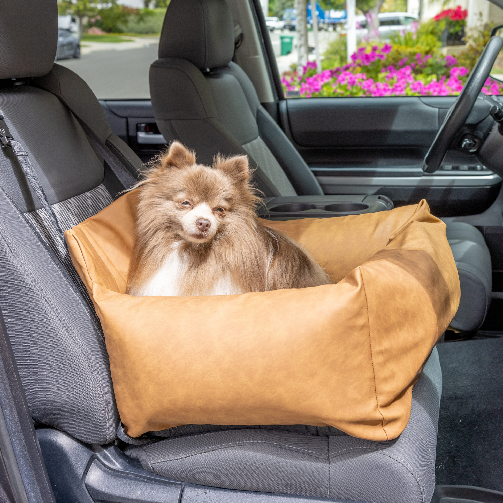 PupProtector™ Faux Leather Memory Foam Dog Car Bed in Camel single seat