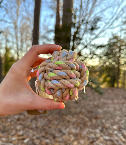 Hand holding a colorful braided rope toy with a blurred natural background