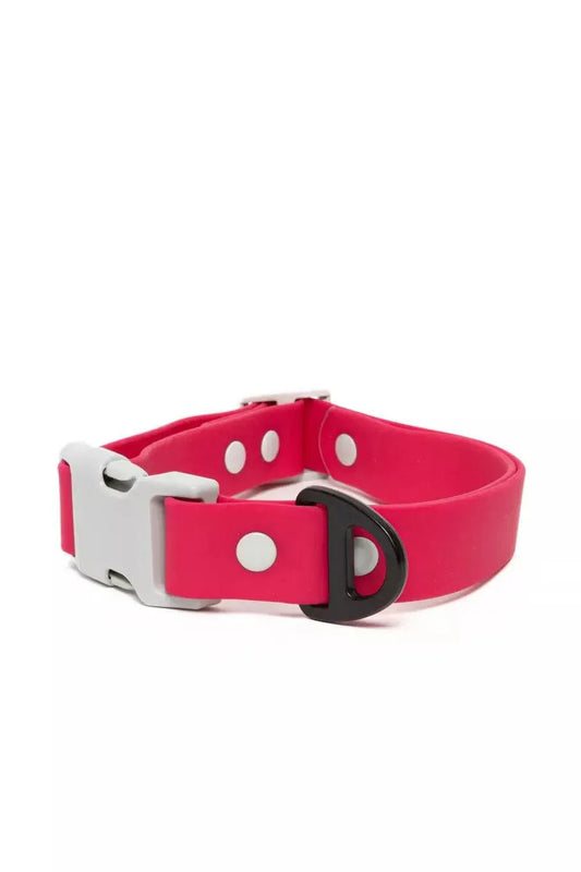 Pink dog collar with white polka dots and a black buckle on a white background