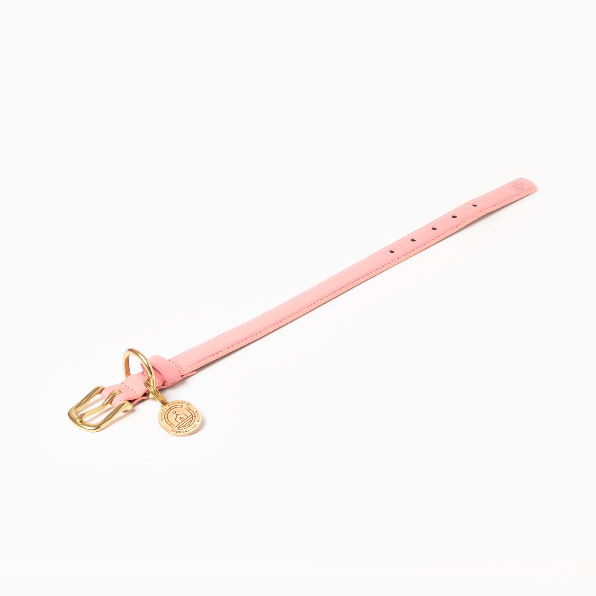Pink collar with gold buckle and charm on a white background