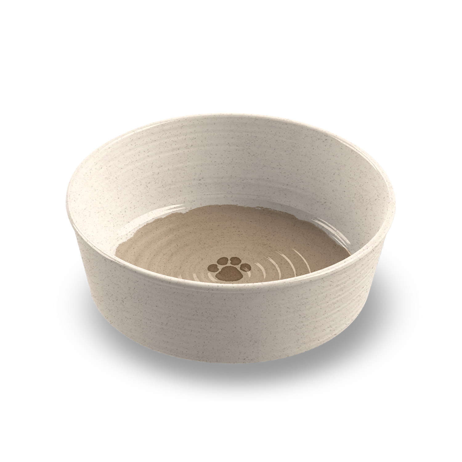 Beige pet bowl with paw print design on a white background