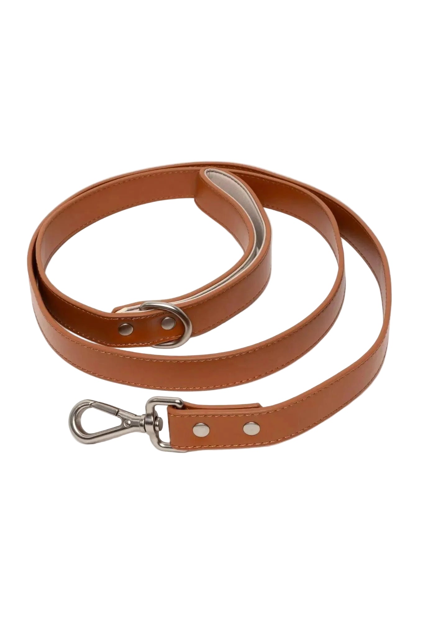 Brown leather dog leash with metal clip on a white background
