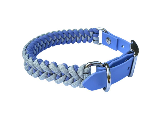 Blue and gray braided dog collar with metal buckle on a white background