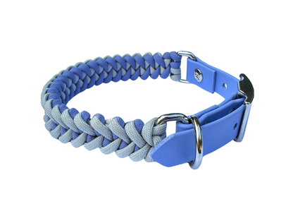 Blue and gray braided dog collar with metal buckle on a white background