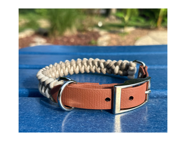 Dog collar with braided design and brown biothane section on a blue surface