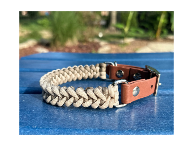 Dog collar with braided design and biothane strap on a blue surface