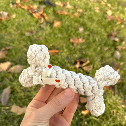 Hand holding a braided dog toy with a heart design against a grassy background