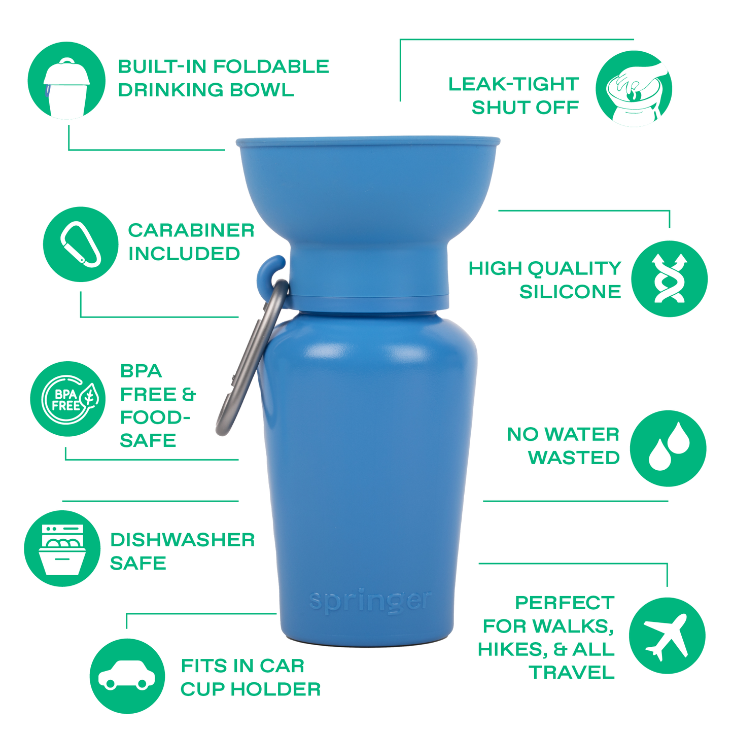 Blue silicone water bottle with features listed on a white background